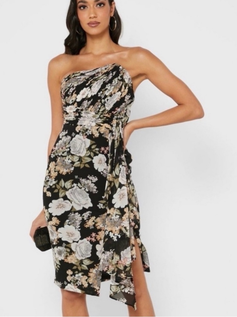 Lavish Alice Black Floral Strapless Midi Dress